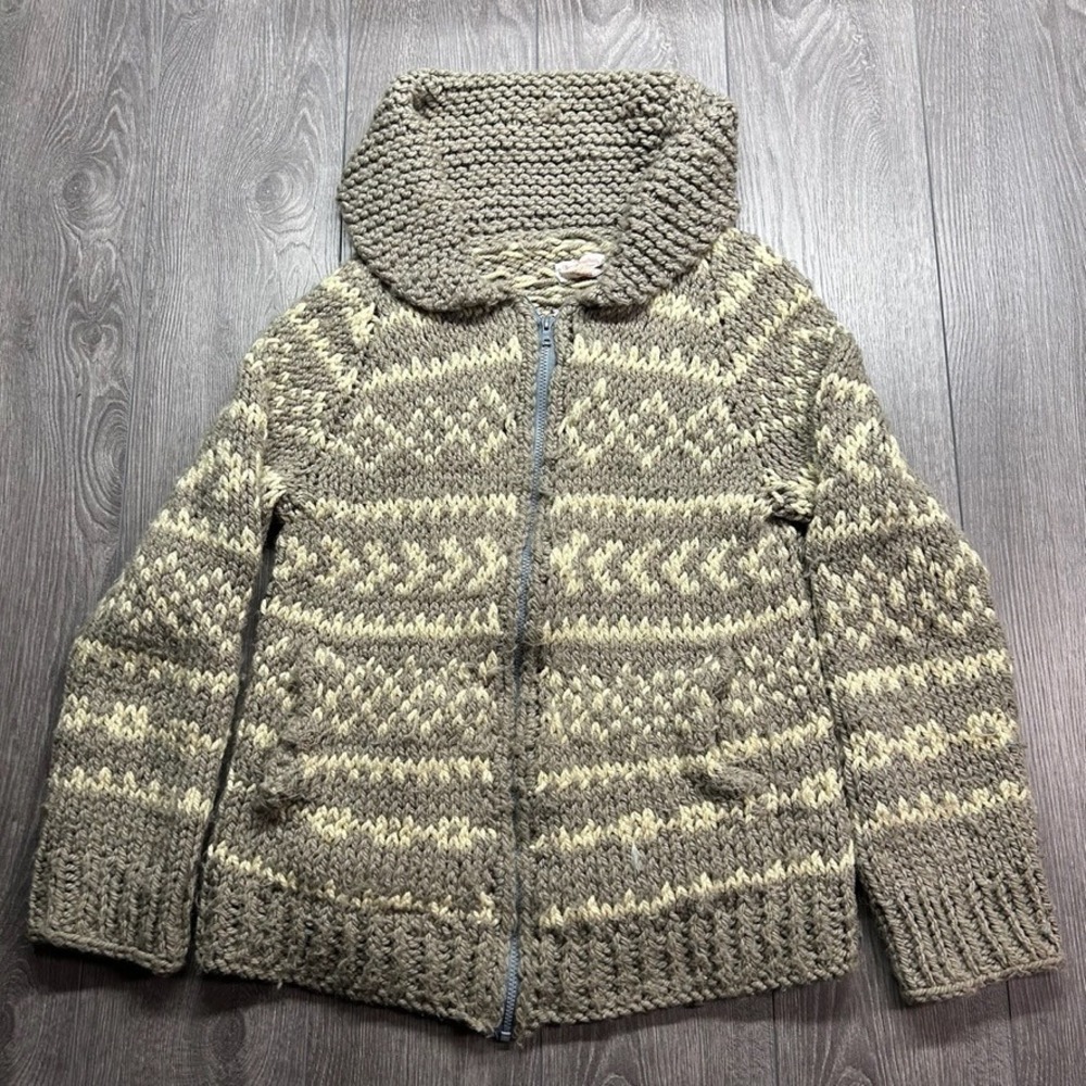Vintage 70s Hand Knit Cotton Cowichan Style Full Zip Sweater Shawl Collar Taupe